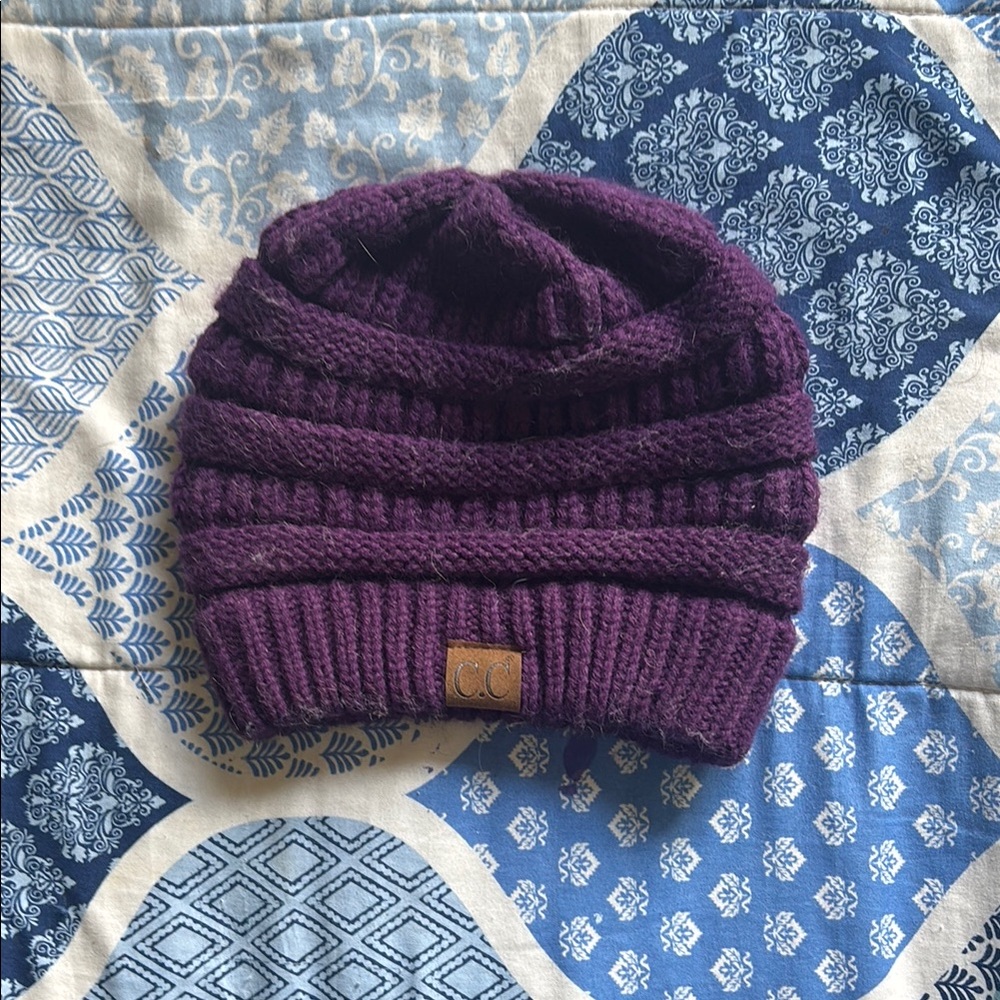 C.C Purple Ribbed Knit Slouchy Beanie Hat